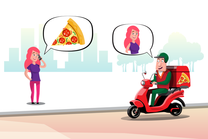 Livraison de pizza à une femme  Illustration