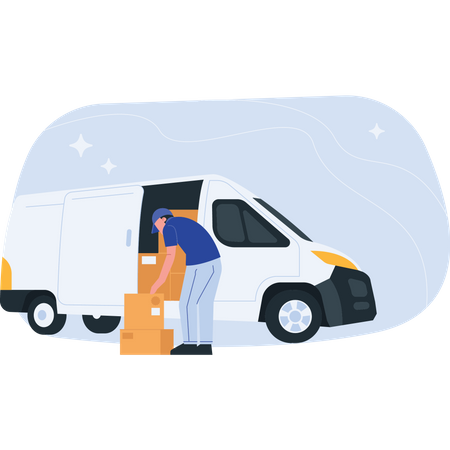 Livreur chargeant des boîtes dans un camion  Illustration