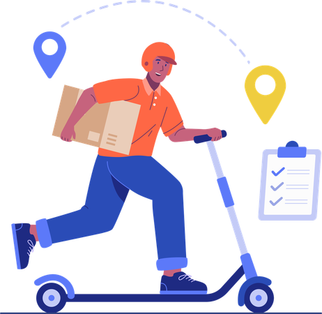 Livreur conduisant un scooter électrique pour livrer des marchandises  Illustration