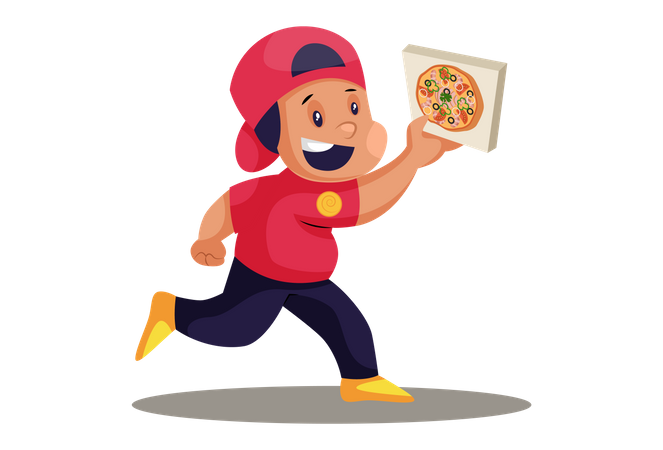 Livreur de pizza courant avec une boîte à pizza  Illustration