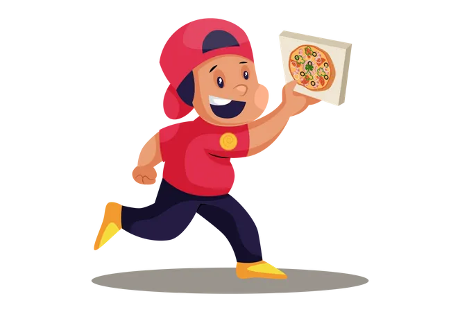 Livreur de pizza courant avec une boîte à pizza  Illustration