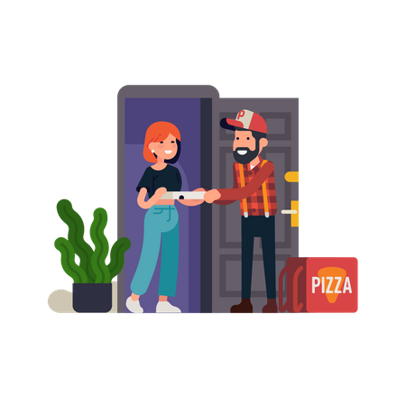 Livreur de pizza distribuant une boîte de pizza à un client debout devant la porte  Illustration