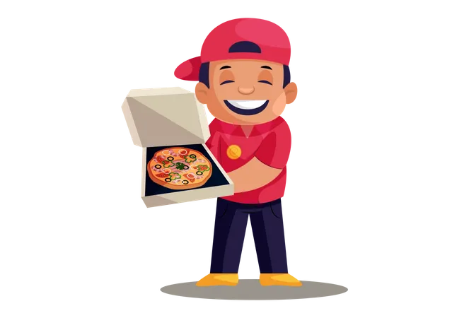 Livreur de pizza montrant une pizza dans une boîte  Illustration