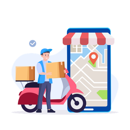 Le livreur assure la livraison en scooter  Illustration