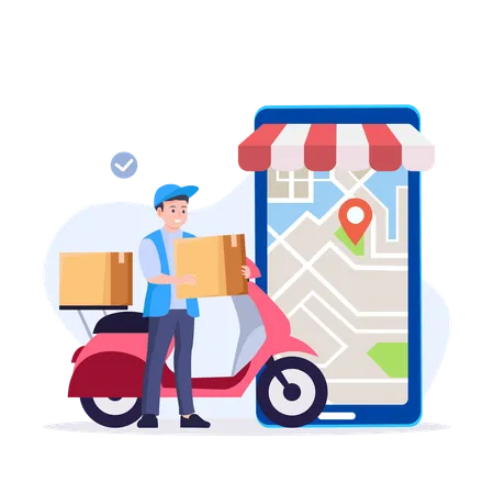 Le livreur assure la livraison en scooter  Illustration