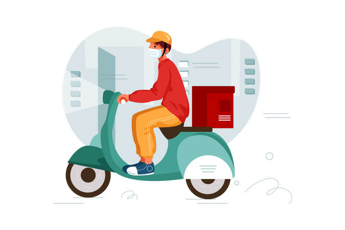 Le livreur livre le colis de la commande sur un scooter  Illustration