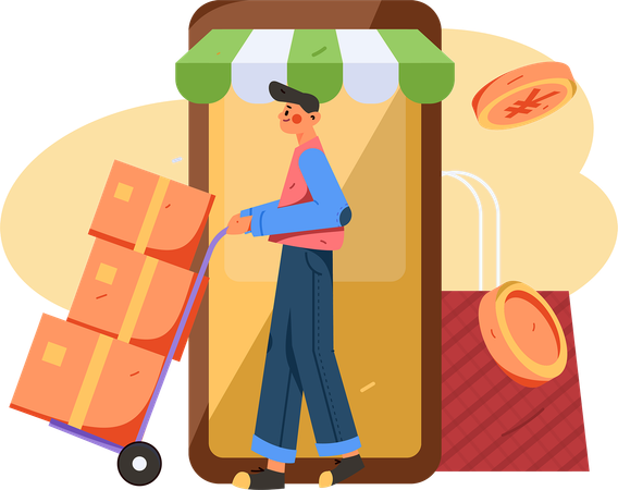 Livreur poussant le chariot logistique tout en assurant la livraison en ligne  Illustration