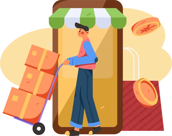 Livreur poussant le chariot logistique tout en assurant la livraison en ligne  Illustration