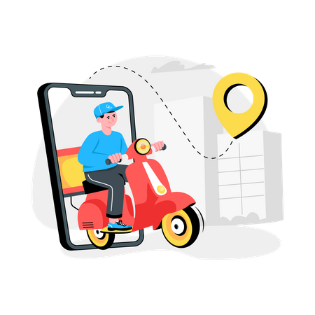 Livreur en scooter au lieu de livraison  Illustration