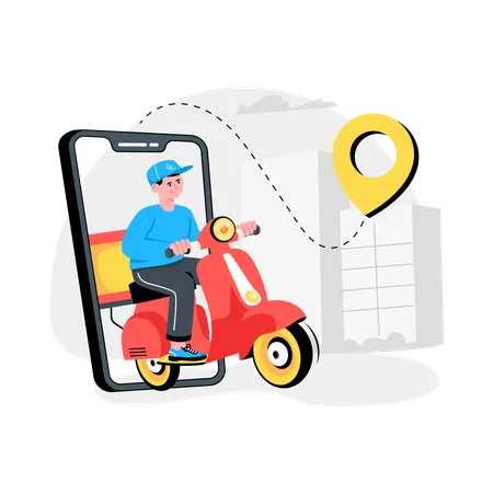 Livreur en scooter au lieu de livraison  Illustration
