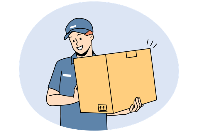 Livreur souriant en uniforme tenant un colis en carton  Illustration