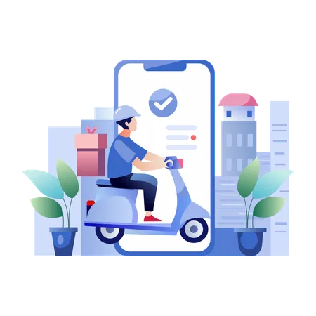 Chauffeur-livreur sur scooter utilisant une application de livraison pour smartphone  Illustration