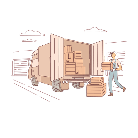 Livreur transportant une boîte au camion  Illustration