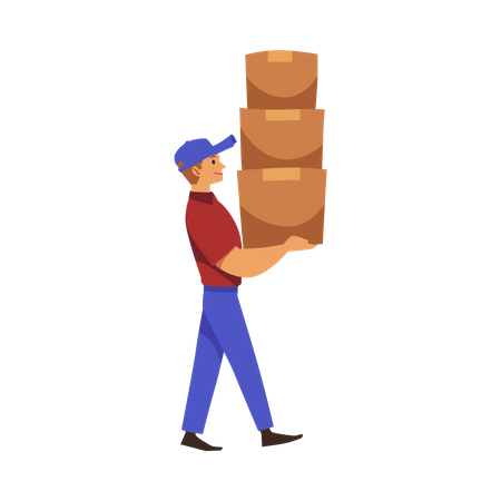 Livreur transportant une haute pile de boîtes  Illustration