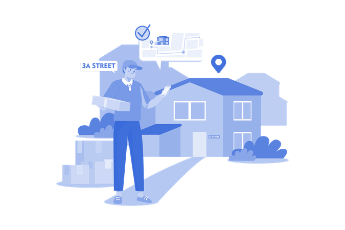 Livreur vérifiant l'emplacement de l'adresse de livraison  Illustration