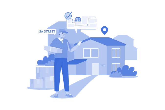 Livreur vérifiant l'emplacement de l'adresse de livraison  Illustration