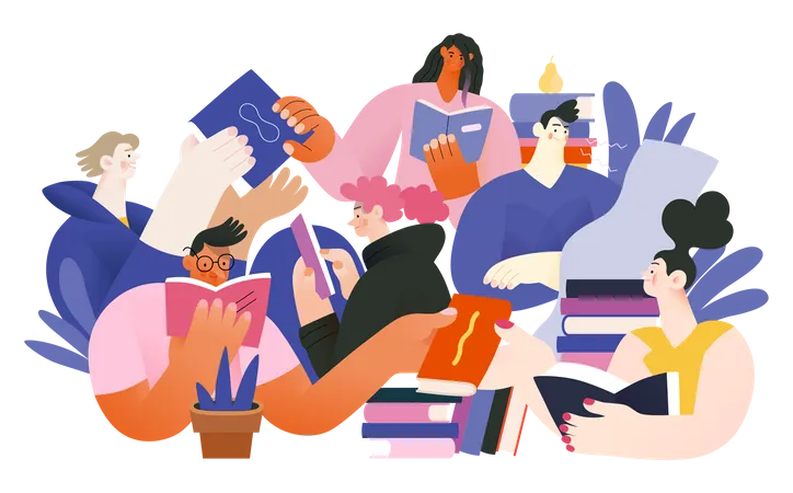 Grupo de pessoas lendo livro  Ilustração