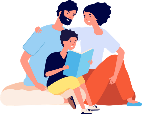 Família lendo livro juntos  Ilustração