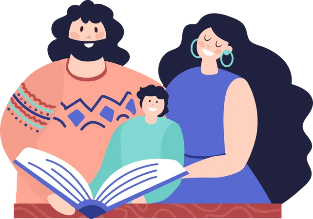 Família lendo livro juntos  Ilustração