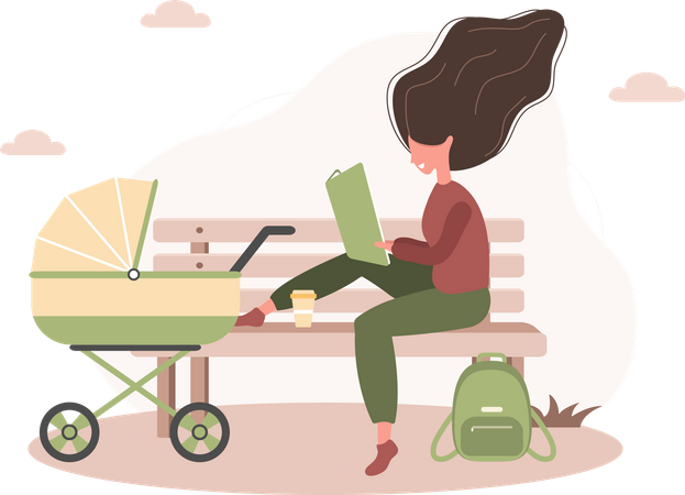 Mãe com carrinho de bebê lendo livro  Ilustração