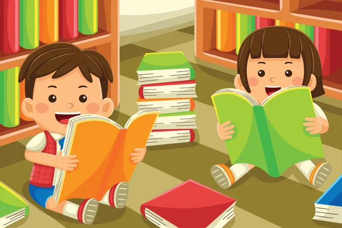 Menino e menina lendo livro  Ilustração