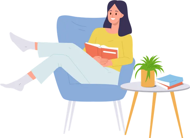 Mulher feliz lendo livro aproveitando o hobby sentado em uma poltrona em casa  Ilustração
