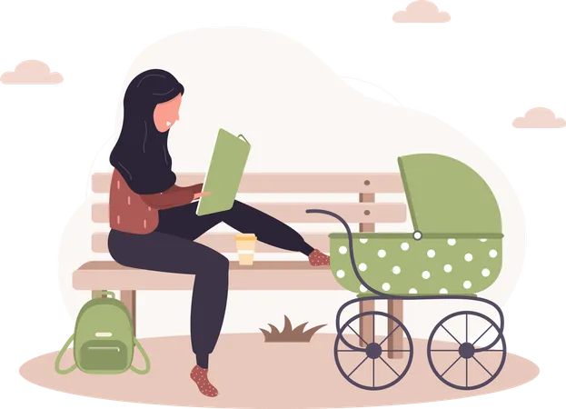 Mulher com carrinho de bebê lendo livro  Ilustração