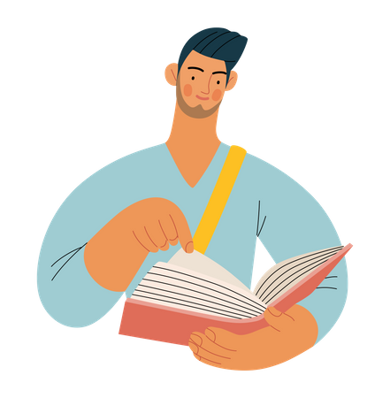 Estudante universitário masculino lendo livro  Ilustração