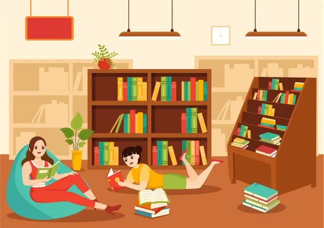 Meninas lendo livro na biblioteca  Ilustração