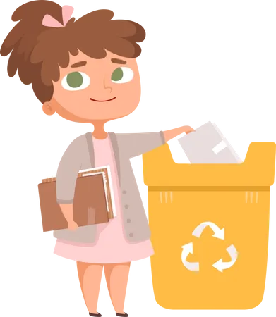 Menina jogando lixo no livro para reciclagem  Ilustração