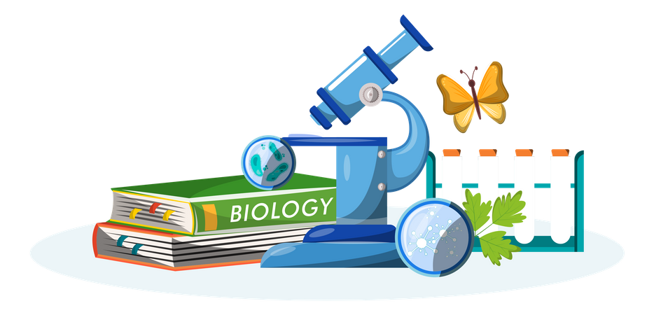 Livro e equipamento de biologia  Ilustração