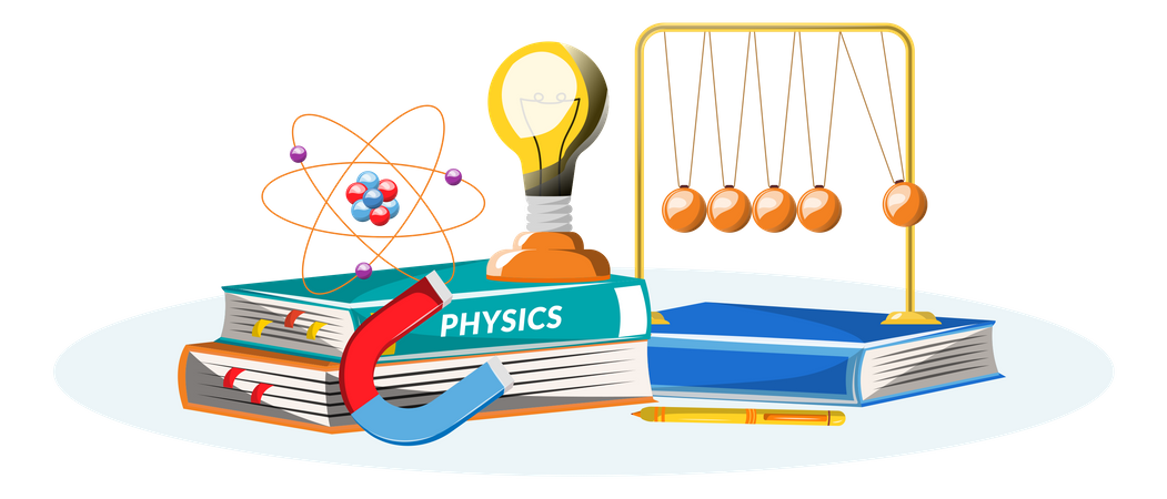 Livro e equipamento de física  Ilustração