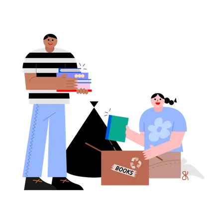 Homem e mulher embalando livros  Ilustração