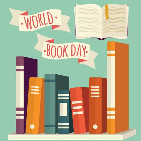 Dia mundial do livro, livros na prateleira com banner festivo  Ilustração