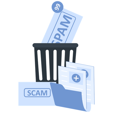 Lixeira digital com spam e documentos fraudulentos  Ilustração