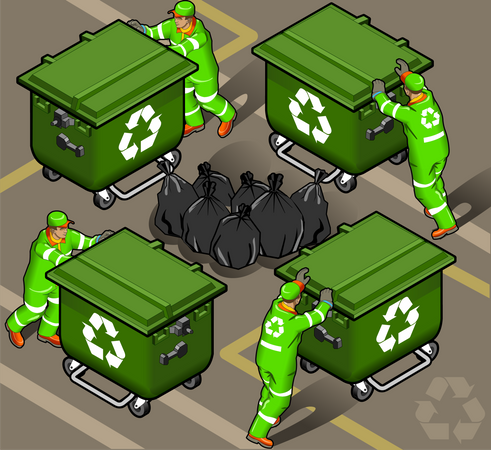 Homens do lixo com lata de lixo e sacos  Ilustração