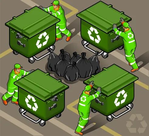 Homens do lixo com lata de lixo e sacos  Ilustração