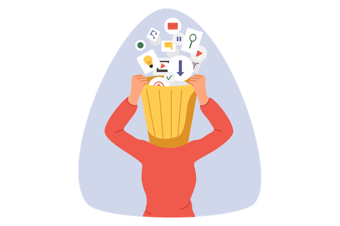 Lixo obstruindo o cérebro da mulher moderna a partir de ícones multimídia acima da cabeça com lata de lixo.  Ilustração