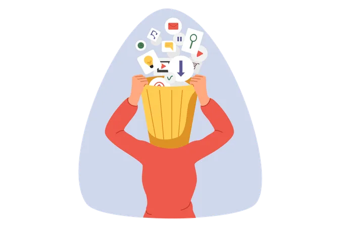 Lixo obstruindo o cérebro da mulher moderna a partir de ícones multimídia acima da cabeça com lata de lixo.  Ilustração