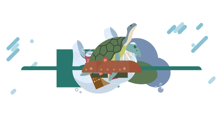 Lixo plástico e garrafas no fundo de reservatório poluído  Ilustração
