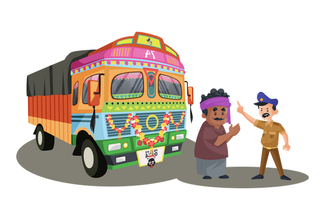 LKW-Fahrer entschuldigt sich bei einem Polizisten  Illustration