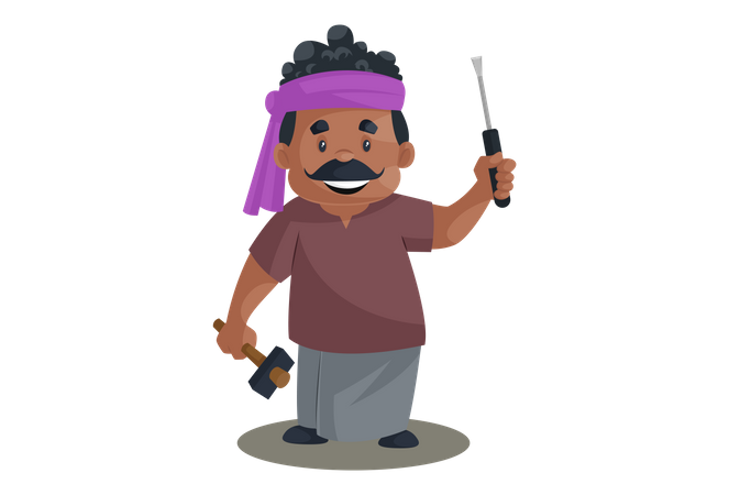 LKW-Fahrer hält Schraubenzieher und Hammer in der Hand  Illustration