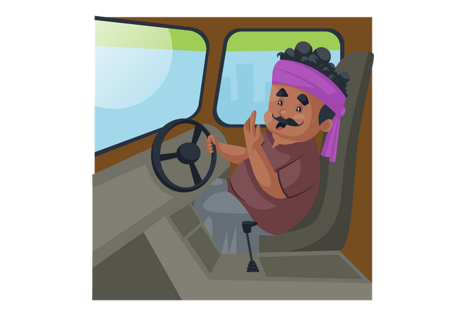 LKW-Fahrer sitzt im LKW und hält das Lenkrad mit einer Hand  Illustration