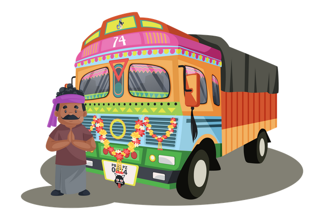 LKW-Fahrer steht mit dem LKW und grüßt  Illustration