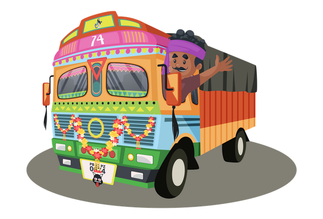 LKW-Fahrer winkt mit der Hand vom LKW aus  Illustration
