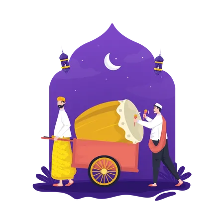 Usando Tambores Tradicionales O Bedug Para Despertar A Los Musulmanes Para El Sahur De Ramadan Ilustración