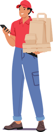 Llamada de personaje de mensajería desde el móvil durante la entrega de paquetes de alimentos, lo que garantiza una entrega oportuna y precisa  Ilustración