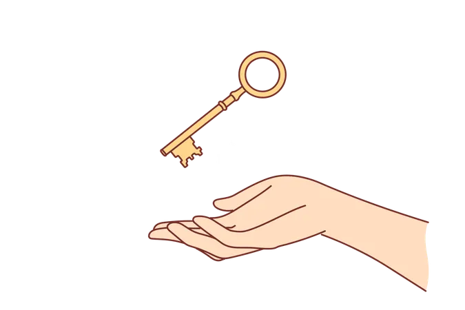 Llave dorada sobre la mano de una mujer para abrir la caja fuerte o la puerta  Ilustración
