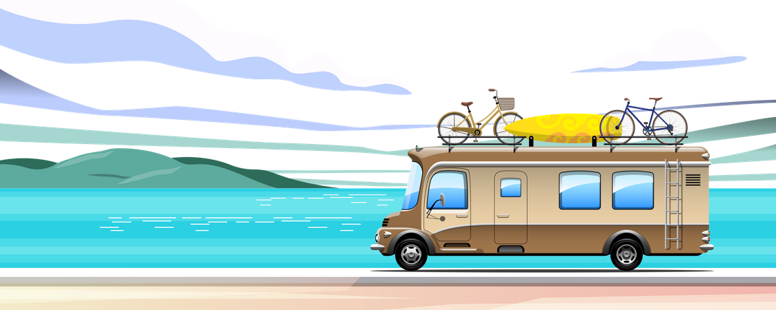 Llevar bicicletas y tablas de surf en una camioneta vintage  Ilustración