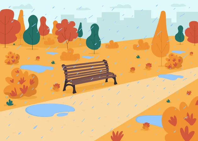 Lluvia en el parque de otoño  Ilustración